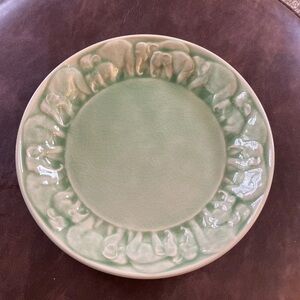 LARGE Thai Green Celadon Charger Plate 10” Elephant Herd Siam Crackle Glaze